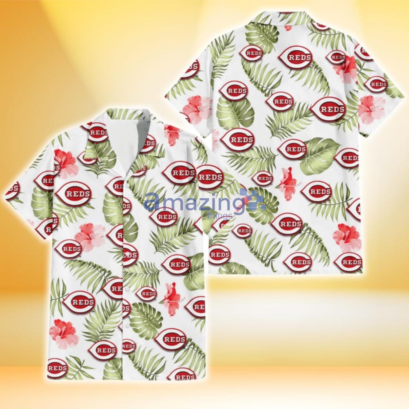 Cincinnati Reds Light Salmon Hibiscus Green Leaf White Background 3D Hawaiian Shirt Gift For Fans Product Photo 1