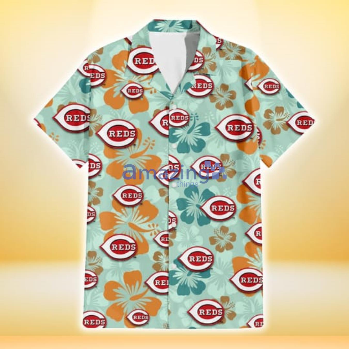 Cincinnati Reds Orange Green Hibiscus Pale Green Background 3D Hawaiian Shirt Gift For Fans image Cincinnati Reds Orange Green Hibiscus Pale Green Background 3D Hawaiian Shirt Gift For Fans Product Photo 2
