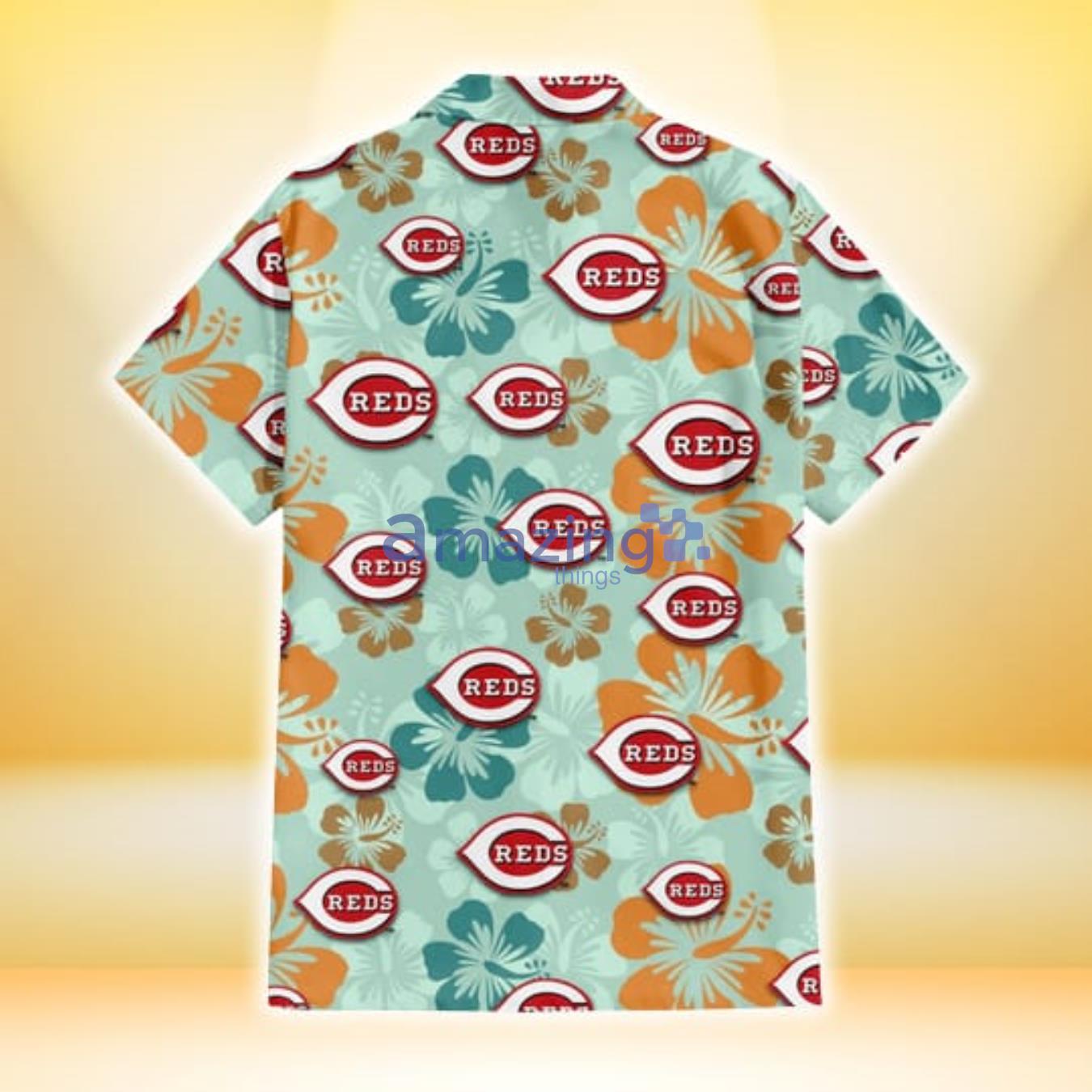 Cincinnati Reds Orange Green Hibiscus Pale Green Background 3D Hawaiian Shirt Gift For Fans image Cincinnati Reds Orange Green Hibiscus Pale Green Background 3D Hawaiian Shirt Gift For Fans Product Photo 3