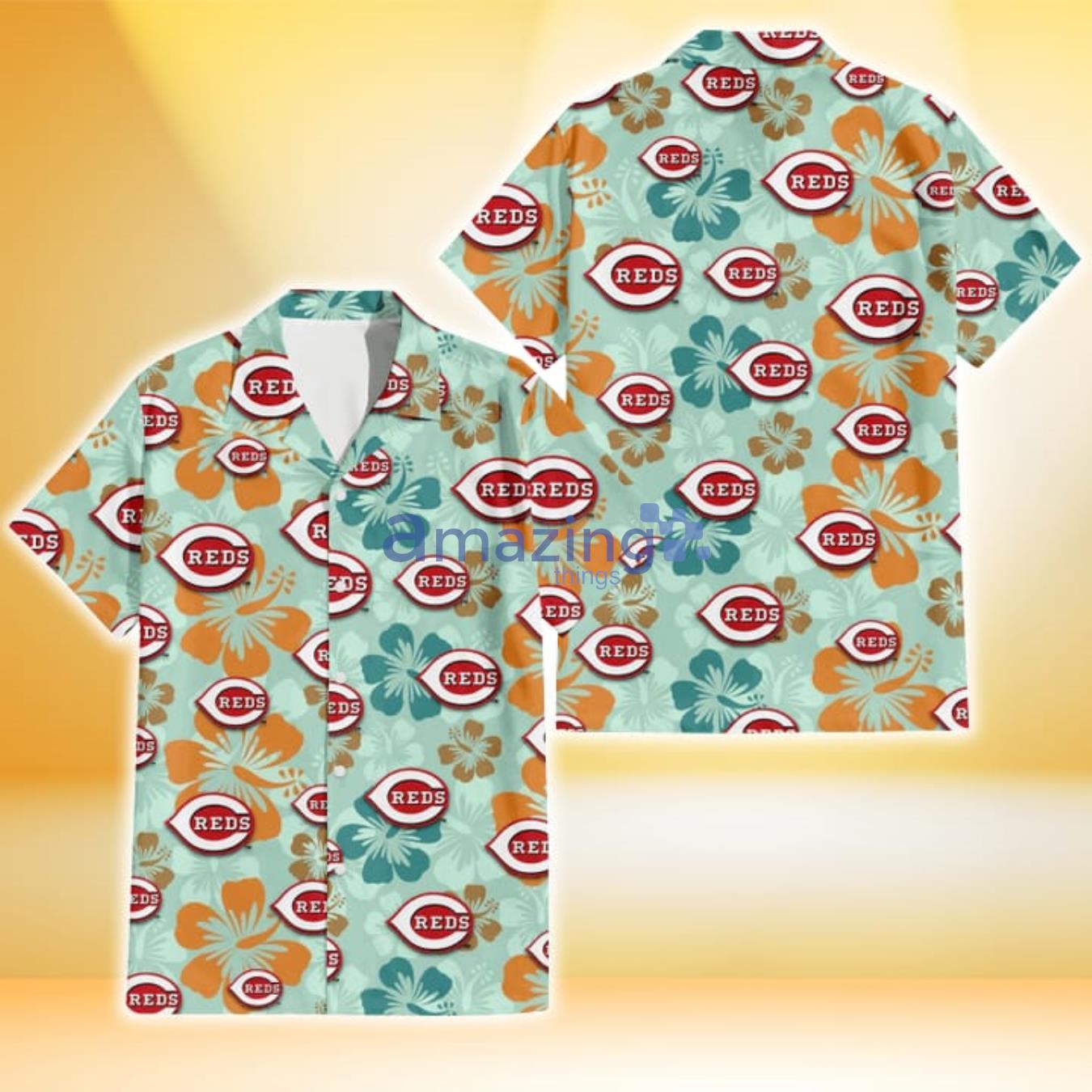 Cincinnati Reds Orange Green Hibiscus Pale Green Background 3D Hawaiian Shirt Gift For Fans Product Photo 1 Cincinnati Reds Orange Green Hibiscus Pale Green Background 3D Hawaiian Shirt Gift For Fans Product Photo 1