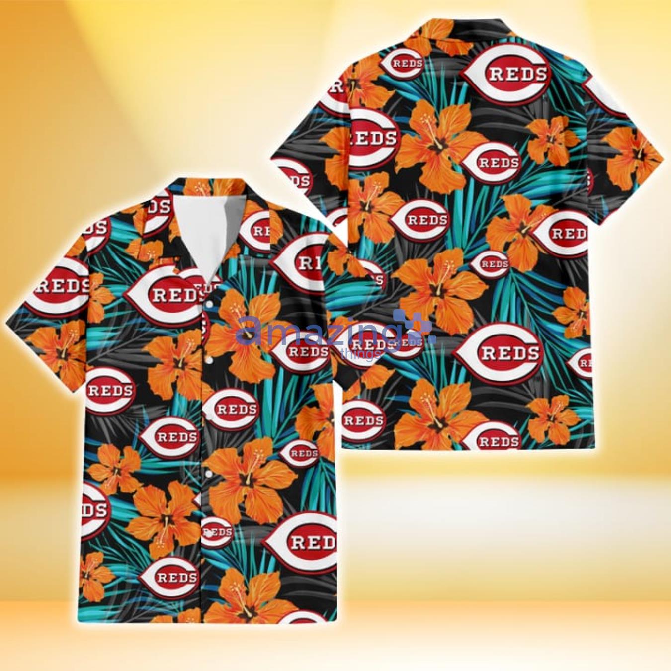 Cincinnati Reds Orange Hibiscus Blue Gray Leaf Black Background 3D Hawaiian Shirt Gift For Fans Product Photo 1
