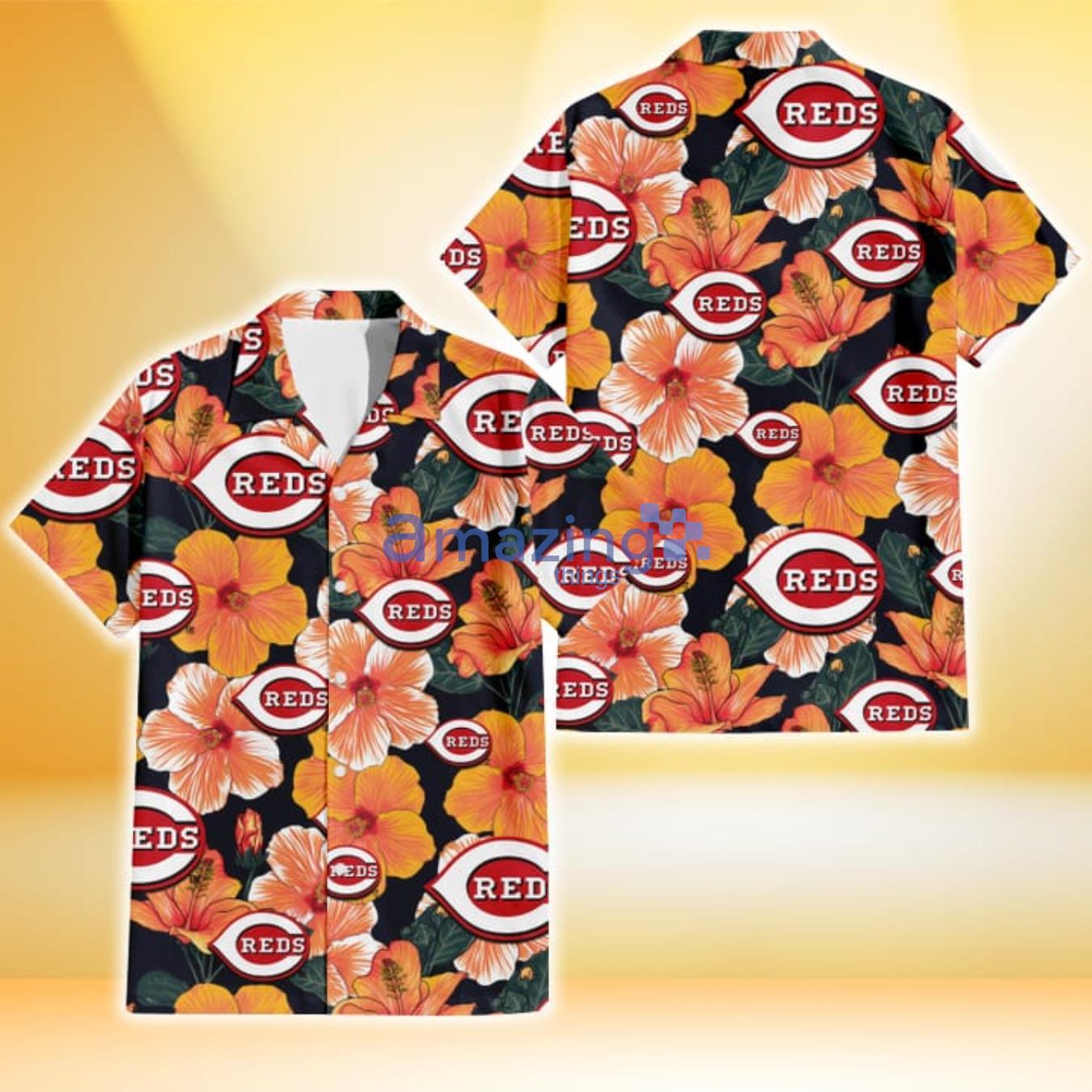 Cincinnati Reds Orange Hibiscus Dark Green Leaf Black Background 3D Hawaiian Shirt Gift For Fans Product Photo 1
