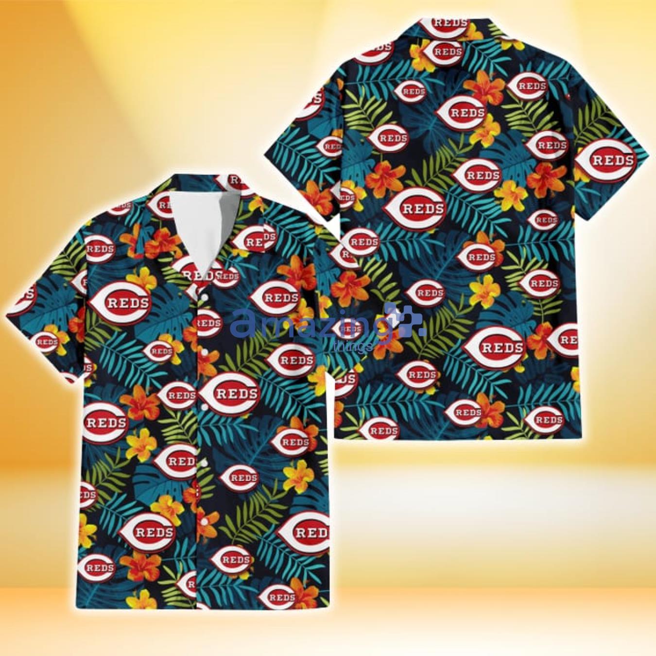 Cincinnati Reds Orange Yellow Green Leaf Black Background 3D Hawaiian Shirt Gift For Fans Product Photo 1