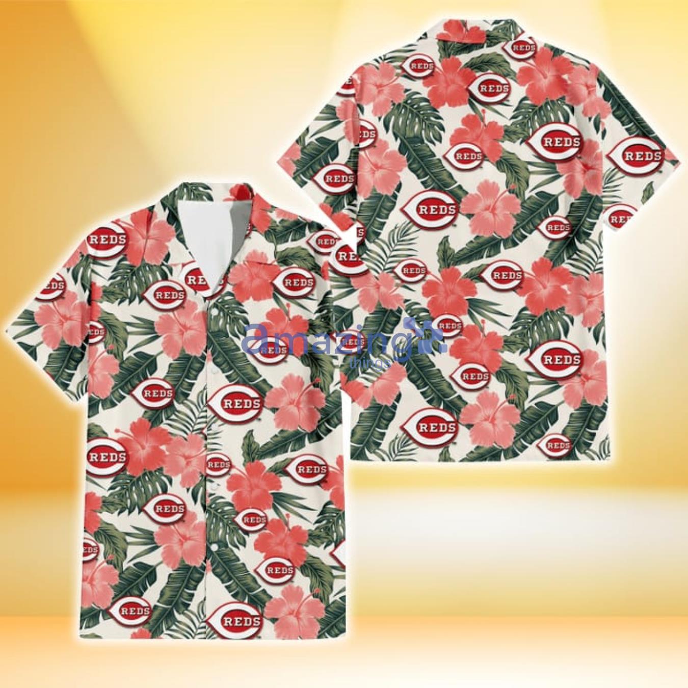 Cincinnati Reds Pink Coral Hibiscus Banana Leaf Beige Background 3D Hawaiian Shirt Gift For Fans Product Photo 1