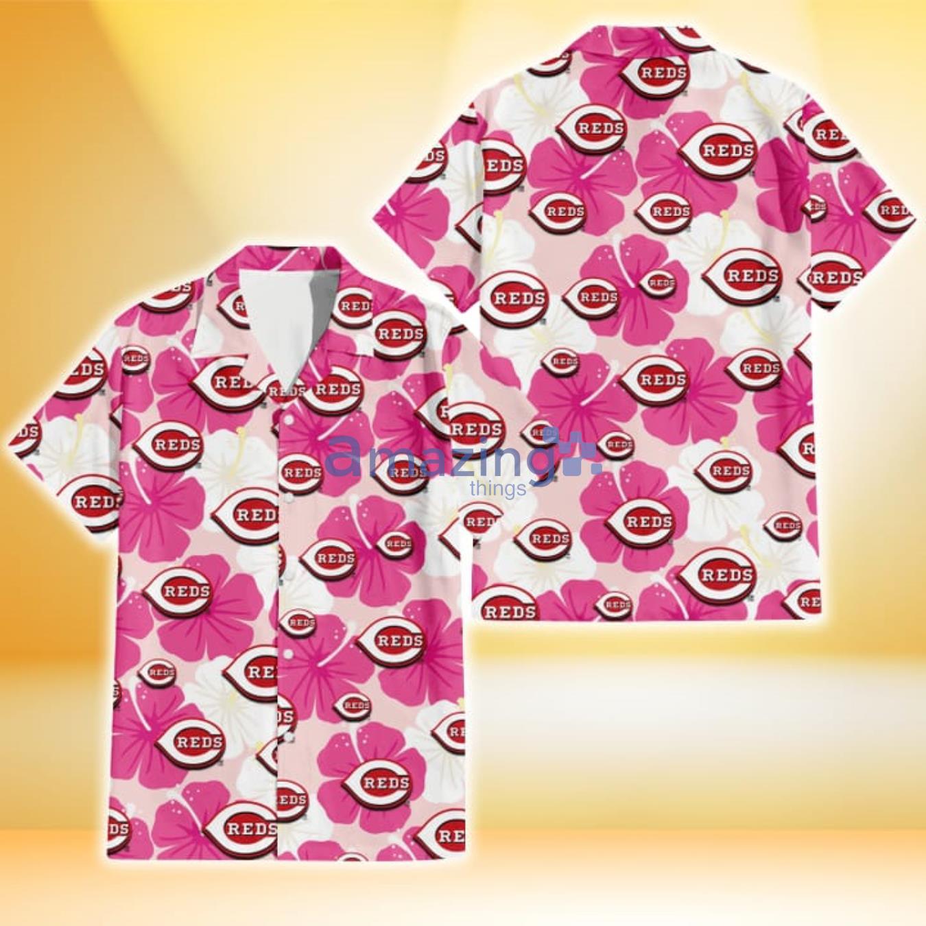 Cincinnati Reds Pink White Hibiscus Misty Rose Background 3D Hawaiian Shirt Gift For Fans Product Photo 1