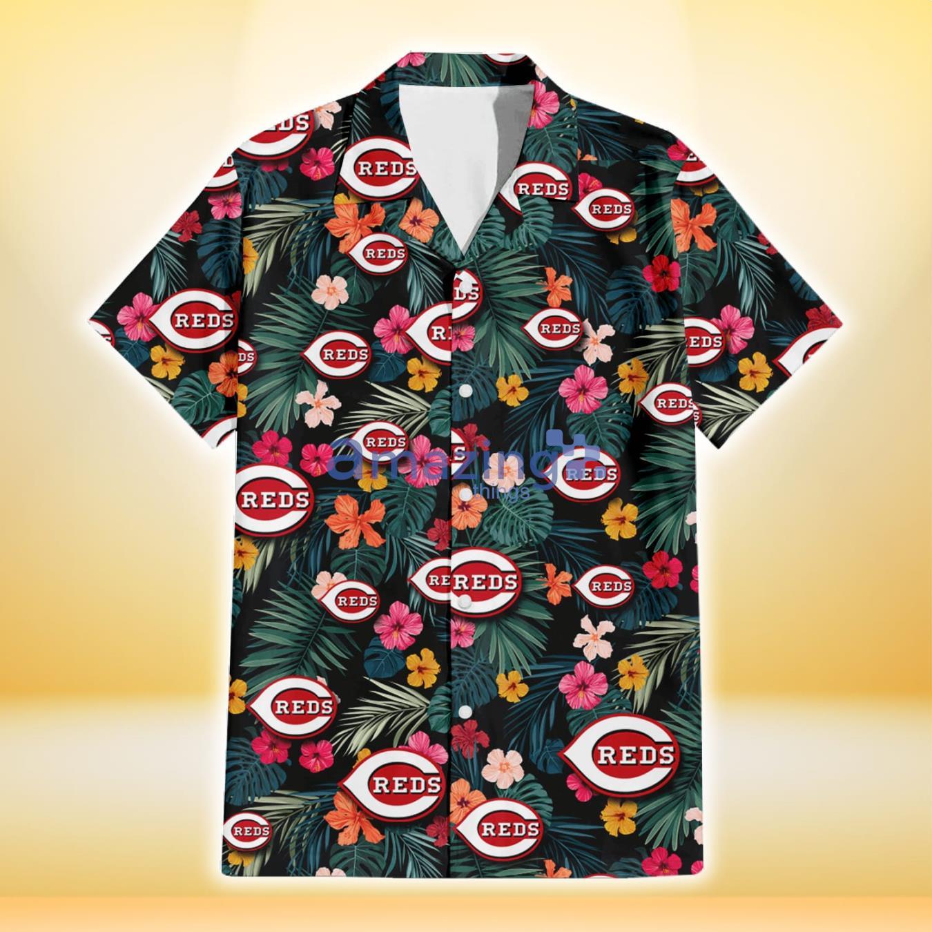 Cincinnati Reds Pink Yellow Orange Hibiscus Big Tropical Leaf Black Background 3D Hawaiian Shirt Gift For Fans image Cincinnati Reds Pink Yellow Orange Hibiscus Big Tropical Leaf Black Background 3D Hawaiian Shirt Gift For Fans Product Photo 2