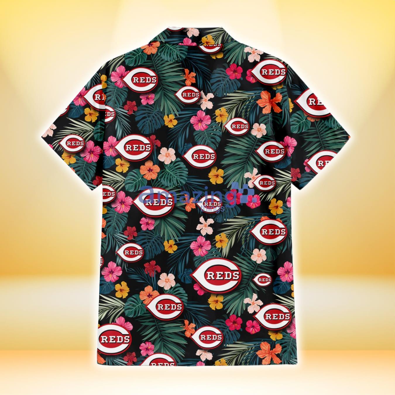 Cincinnati Reds Pink Yellow Orange Hibiscus Big Tropical Leaf Black Background 3D Hawaiian Shirt Gift For Fans image Cincinnati Reds Pink Yellow Orange Hibiscus Big Tropical Leaf Black Background 3D Hawaiian Shirt Gift For Fans Product Photo 3