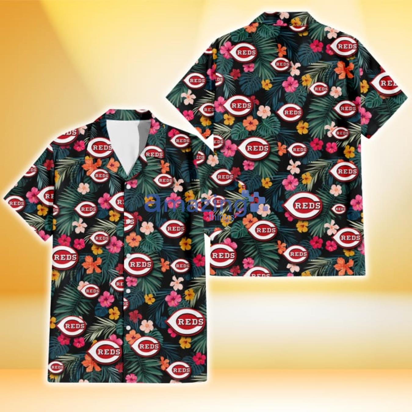 Cincinnati Reds Pink Yellow Orange Hibiscus Big Tropical Leaf Black Background 3D Hawaiian Shirt Gift For Fans Product Photo 1