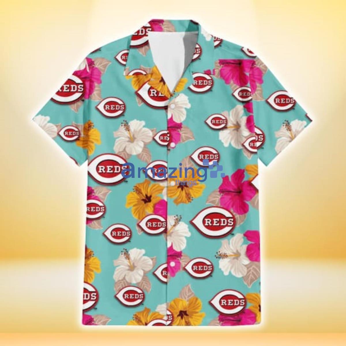 Cincinnati Reds Pink Yellow White Hibiscus Turquoise Background 3D Hawaiian  Shirt Gift For Fans