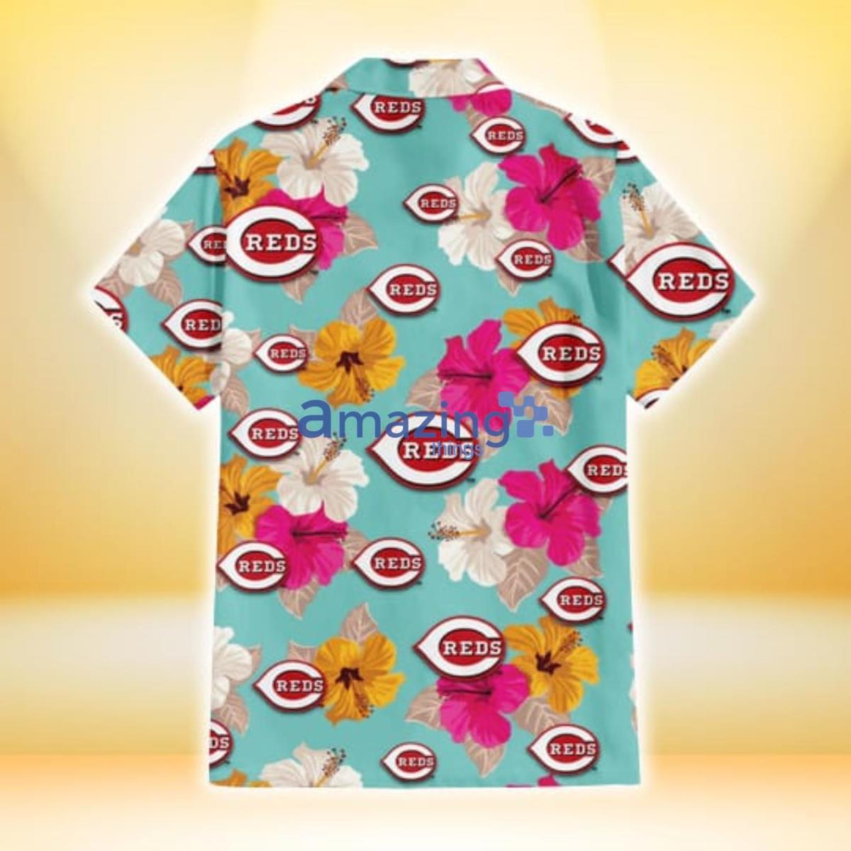 Cincinnati Reds Pink Yellow White Hibiscus Turquoise Background 3D Hawaiian  Shirt Gift For Fans