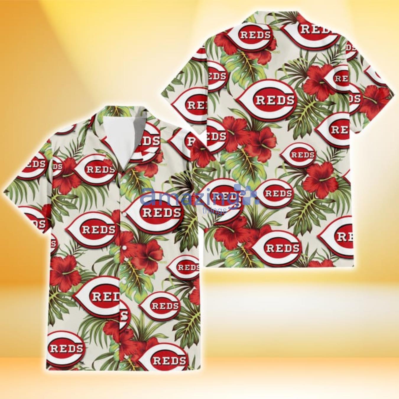 Cincinnati Reds Red Hibiscus Green Tropical Leaf Cream Background 3D Hawaiian Shirt Gift For Fans Product Photo 1