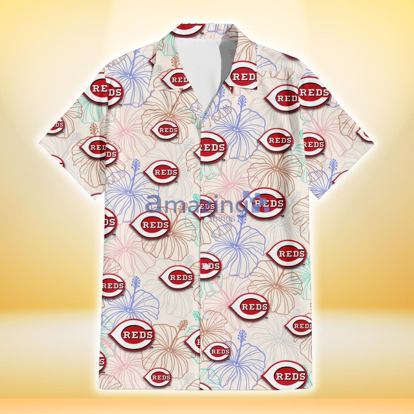 Cincinnati Reds Sketch Pastel Hibiscus Beige Background 3D Hawaiian Shirt Gift For Fans image Cincinnati Reds Sketch Pastel Hibiscus Beige Background 3D Hawaiian Shirt Gift For Fans Product Photo 2