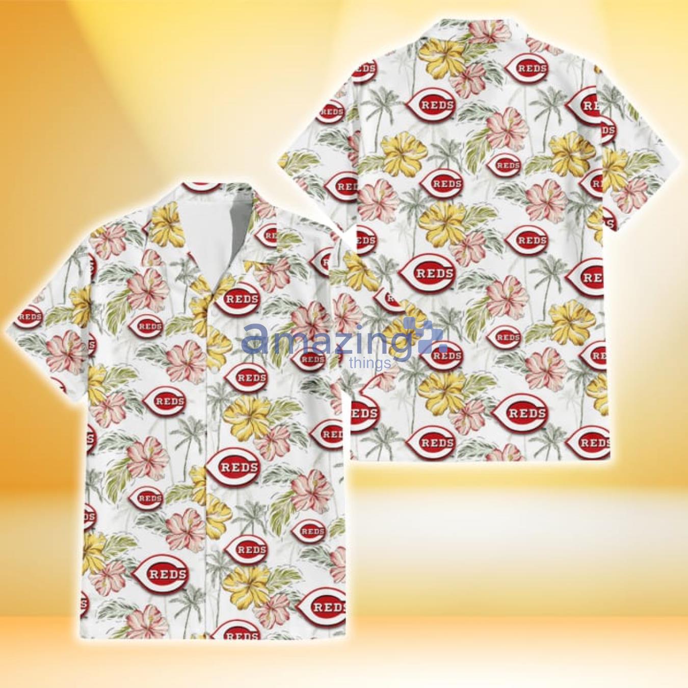 Cincinnati Reds Sketch Red Yellow Coconut Tree White Background 3D Hawaiian Shirt Gift For Fans Product Photo 1