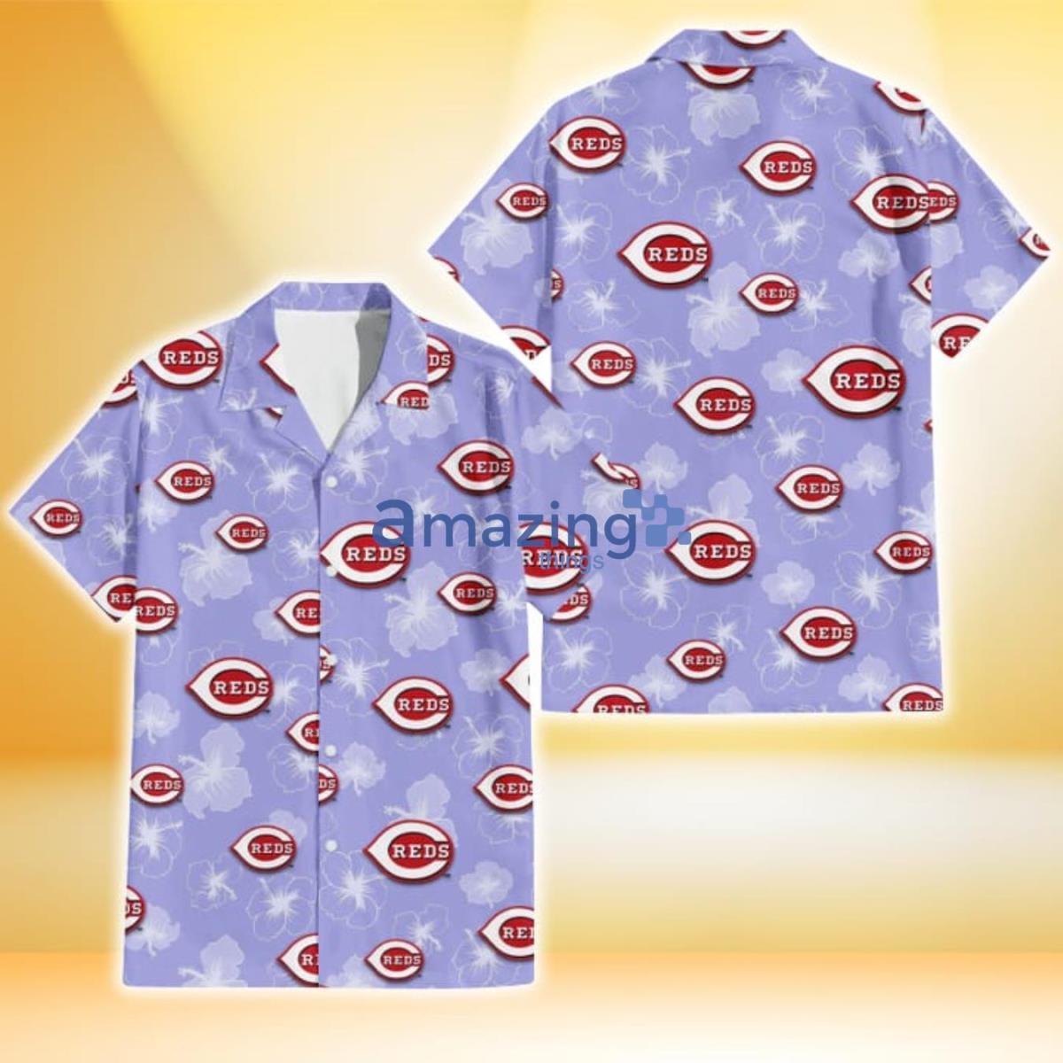 Cincinnati Reds Sketch White Hibiscus Violet Background 3D Hawaiian Shirt Gift For Fans Product Photo 1