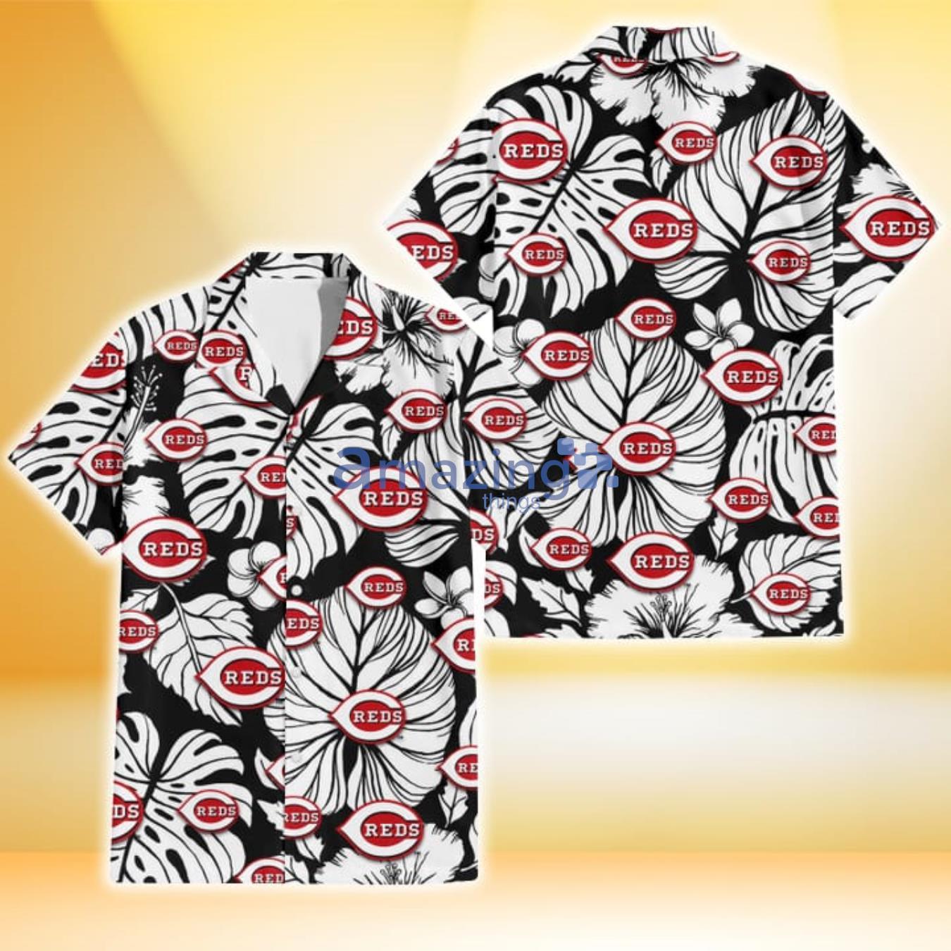 Cincinnati Reds White Hibiscus Porcelain Flower Palm Leaf Black 3D Hawaiian Shirt Gift For Fans Product Photo 1