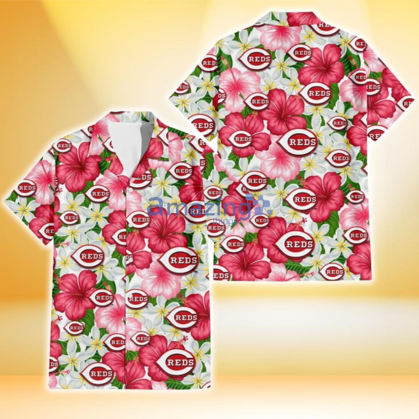 Cincinnati Reds White Porcelain Flower Pink Hibiscus White Background 3D Hawaiian Shirt Gift For Fans Product Photo 1