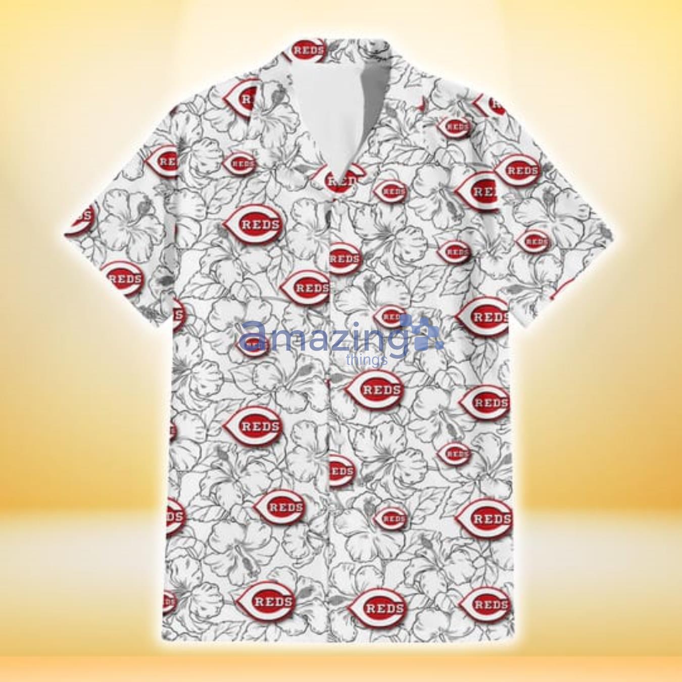 Cincinnati Reds White Sketch Hibiscus Pattern White Background 3D Hawaiian Shirt Gift For Fans image Cincinnati Reds White Sketch Hibiscus Pattern White Background 3D Hawaiian Shirt Gift For Fans Product Photo 2