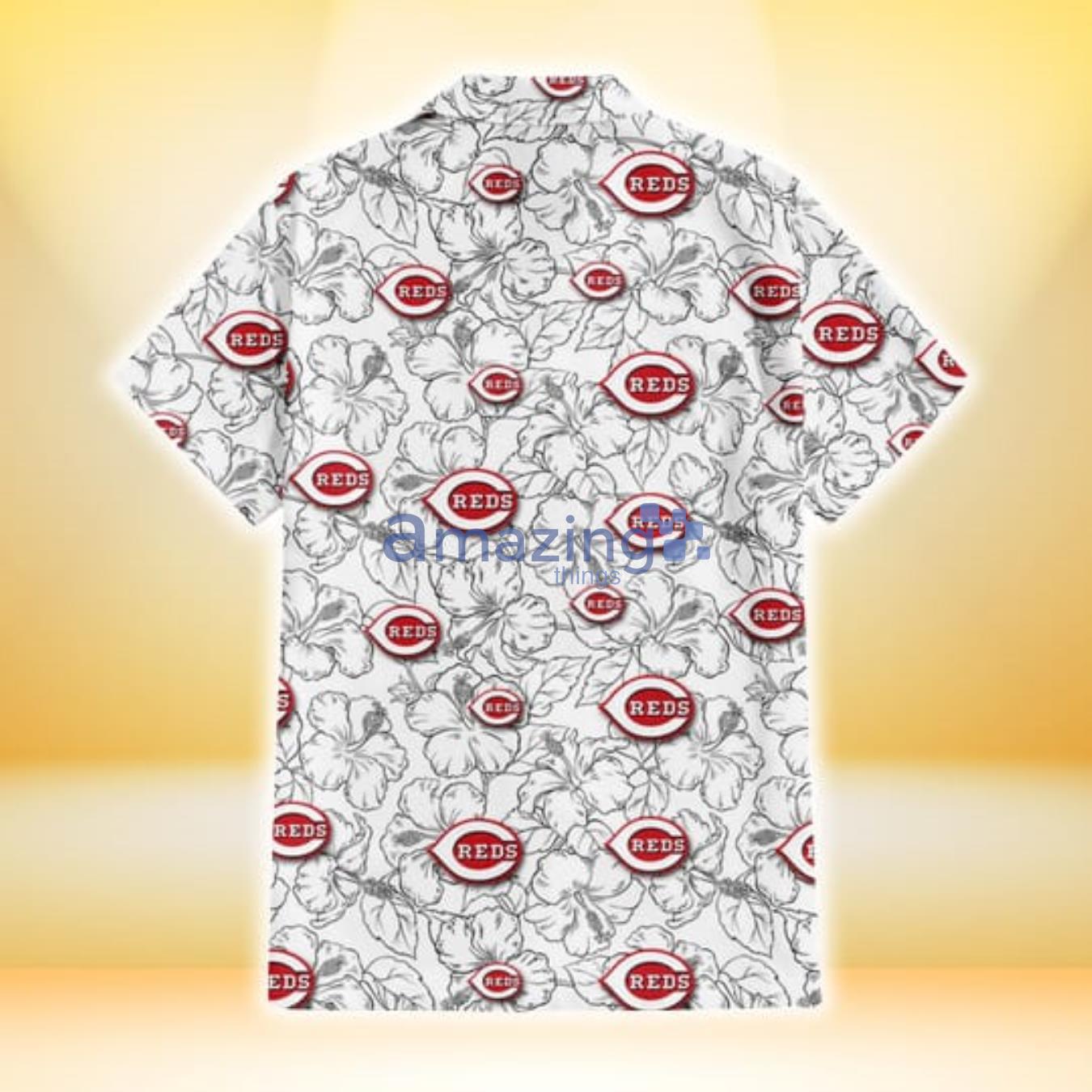 Cincinnati Reds White Sketch Hibiscus Pattern White Background 3D Hawaiian Shirt Gift For Fans image Cincinnati Reds White Sketch Hibiscus Pattern White Background 3D Hawaiian Shirt Gift For Fans Product Photo 3