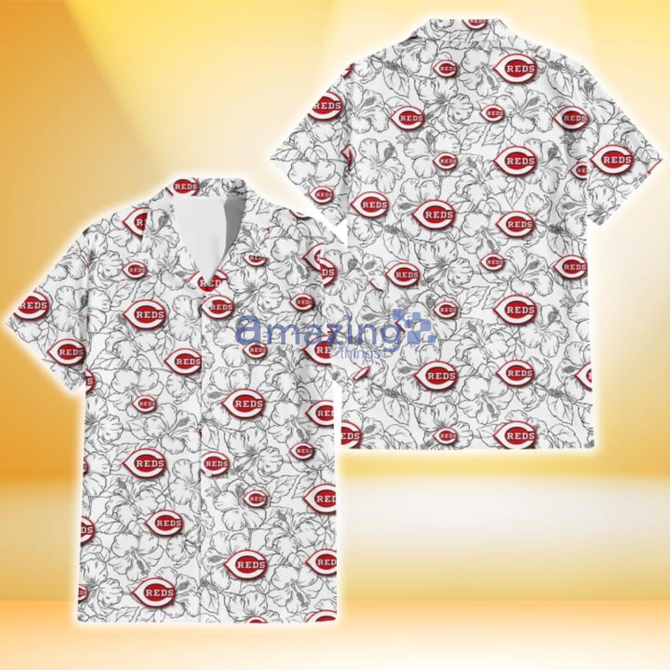 Cincinnati Reds White Sketch Hibiscus Pattern White Background 3D Hawaiian Shirt Gift For Fans Product Photo 1