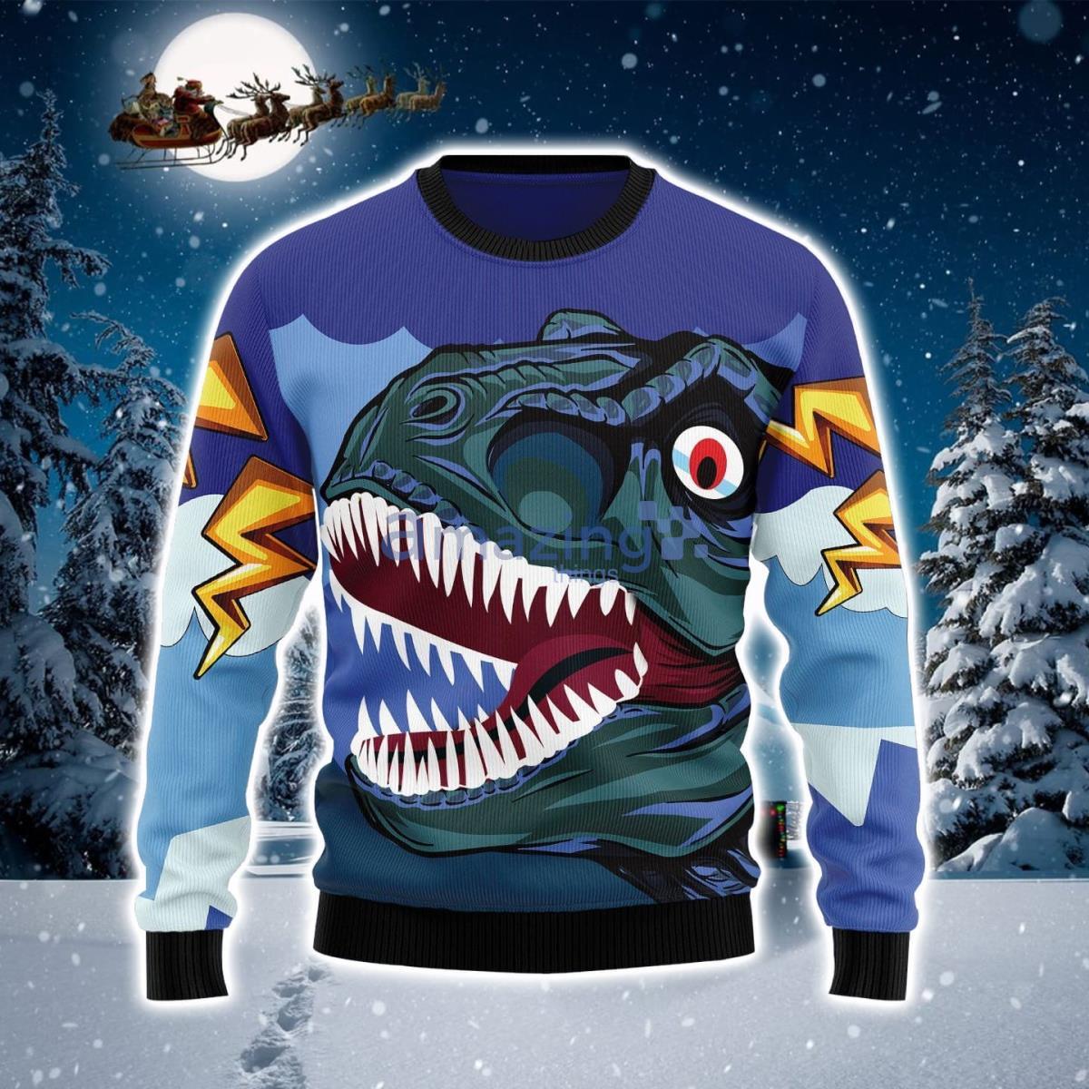Dinosaur Face Blue Ugly Christmas Sweater Product Photo 1