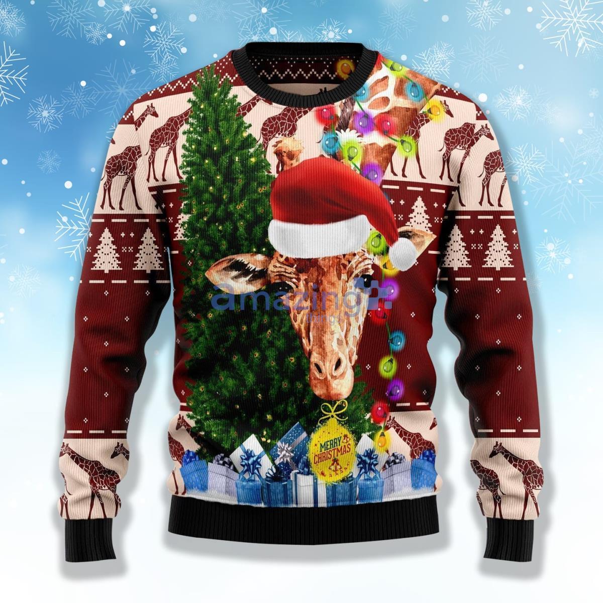 Giraffe And Green Tree Ugly Christmas Sweater Product Photo 1