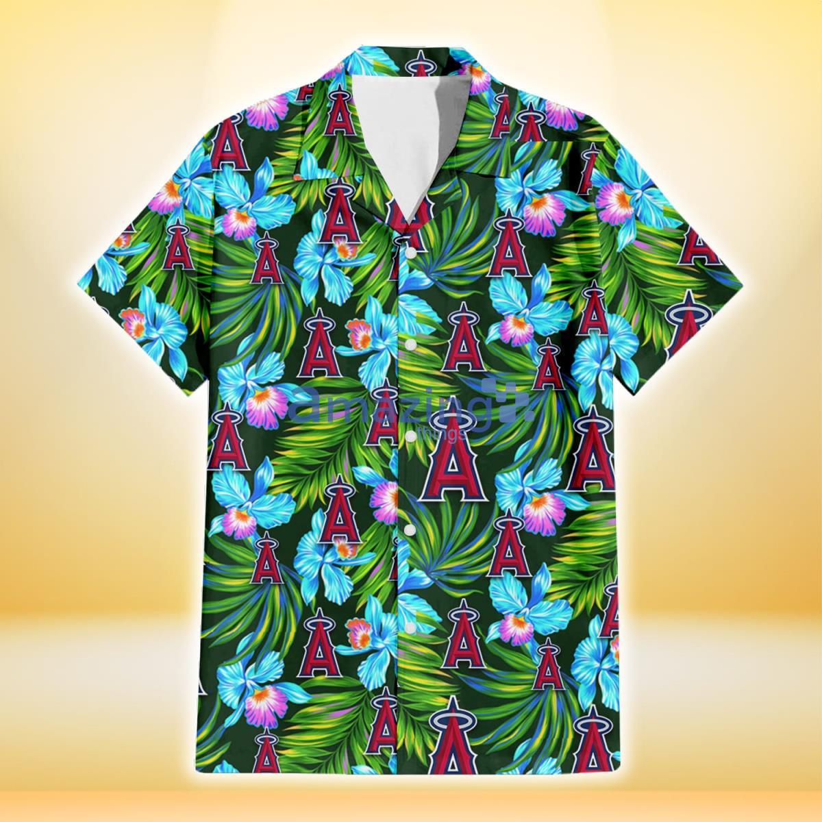 Los Angeles Angels Electro Color Hibiscus Black Background 3D Hawaiian Shirt image Los Angeles Angels Electro Color Hibiscus Black Background 3D Hawaiian Shirt Product Photo 2
