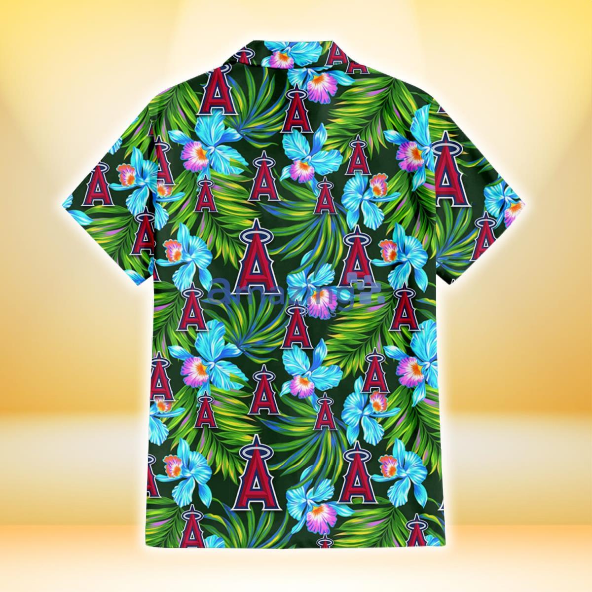 Los Angeles Angels Electro Color Hibiscus Black Background 3D Hawaiian Shirt image Los Angeles Angels Electro Color Hibiscus Black Background 3D Hawaiian Shirt Product Photo 3