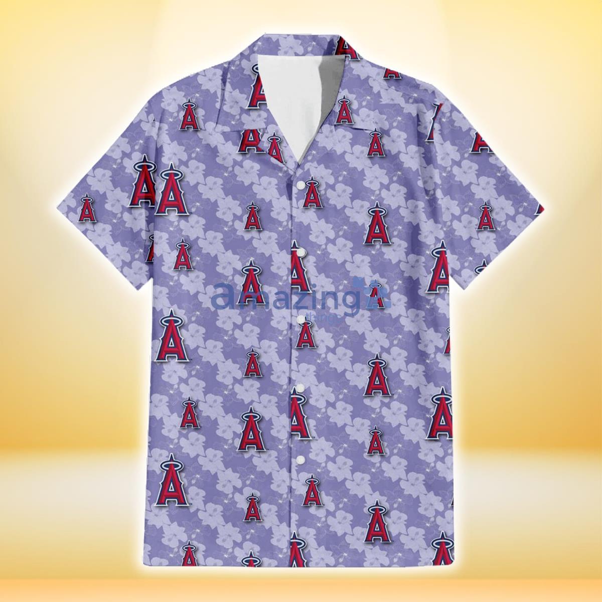 Los Angeles Angels Light Purple Hibiscus Pattern Stripe Powder Purple 3D Hawaiian Shirt image Los Angeles Angels Light Purple Hibiscus Pattern Stripe Powder Purple 3D Hawaiian Shirt Product Photo 2
