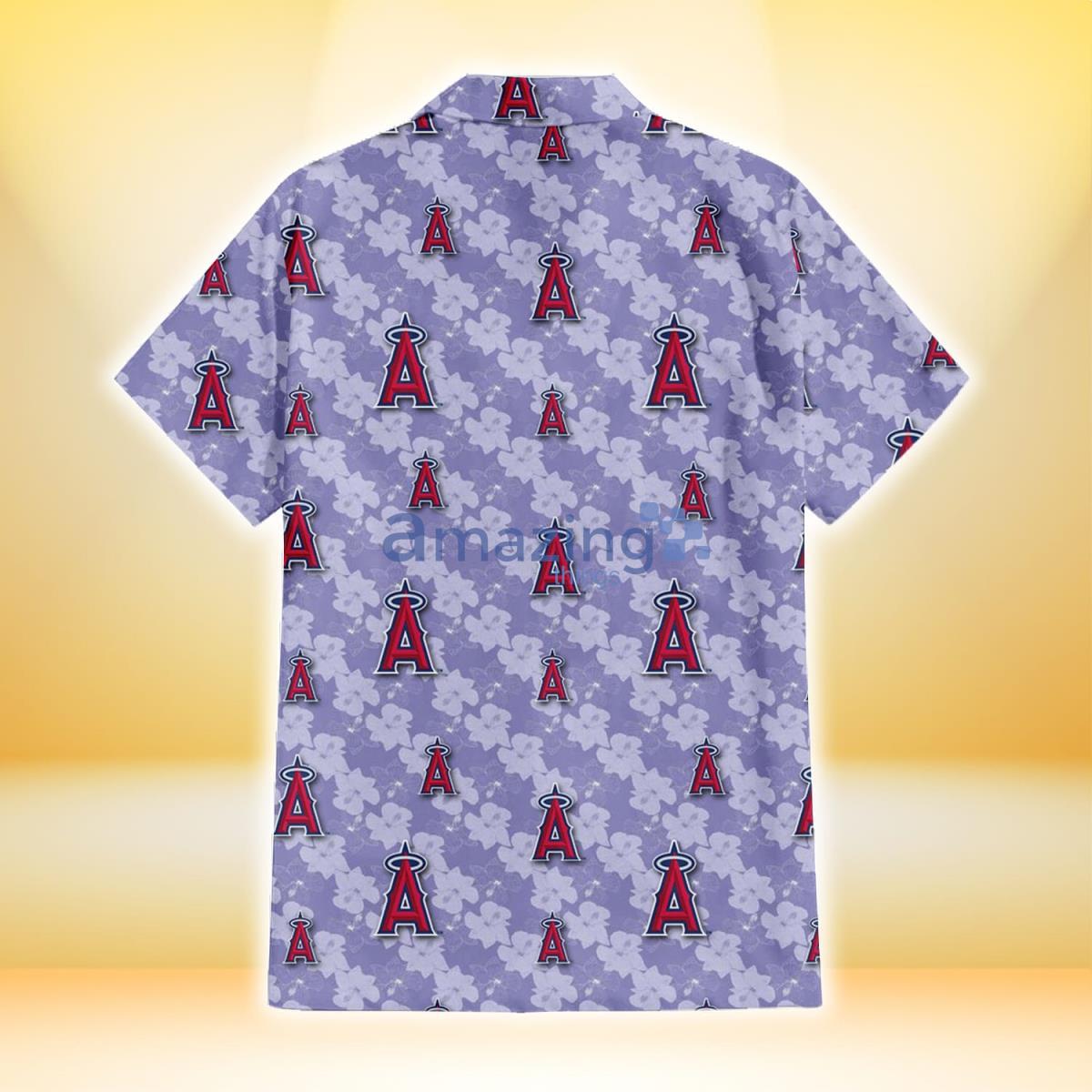 Los Angeles Angels Light Purple Hibiscus Pattern Stripe Powder Purple 3D Hawaiian Shirt image Los Angeles Angels Light Purple Hibiscus Pattern Stripe Powder Purple 3D Hawaiian Shirt Product Photo 3