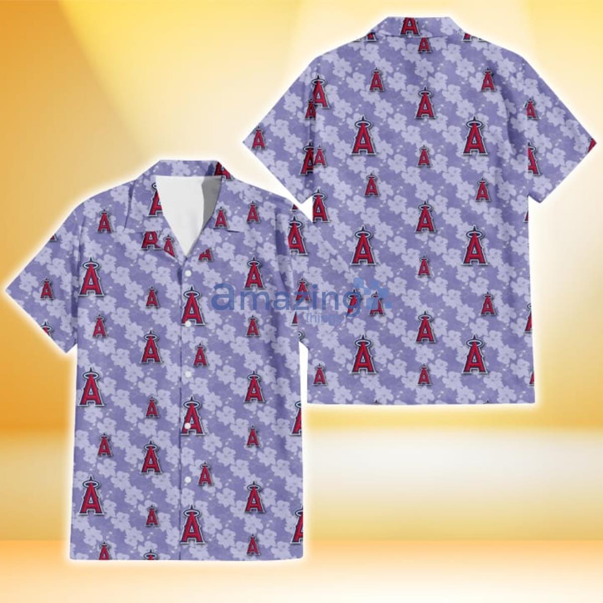 Los Angeles Angels Light Purple Hibiscus Pattern Stripe Powder Purple 3D Hawaiian Shirt Product Photo 1