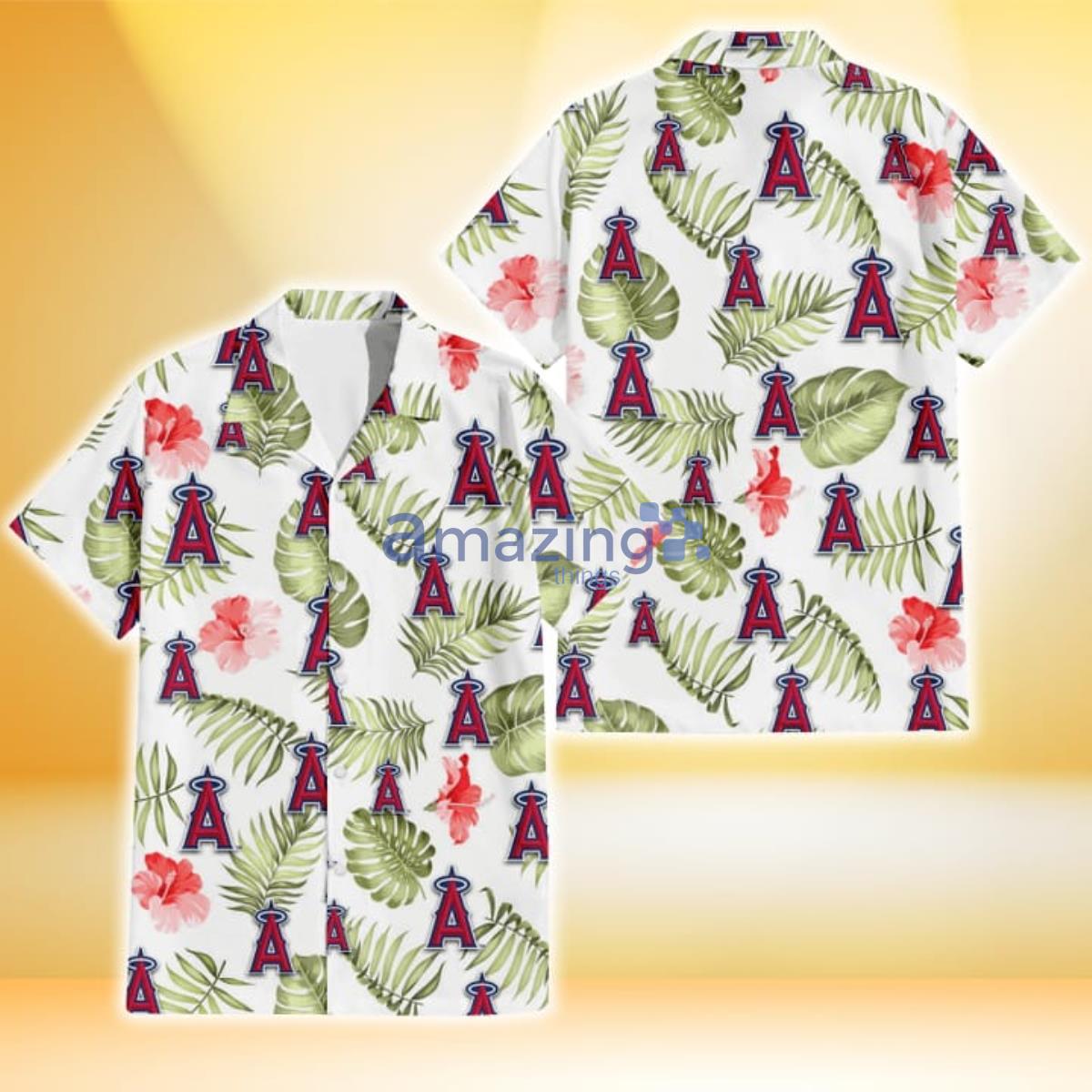 Los Angeles Angels Light Salmon Hibiscus Green Leaf White Background 3D Hawaiian Shirt Product Photo 1