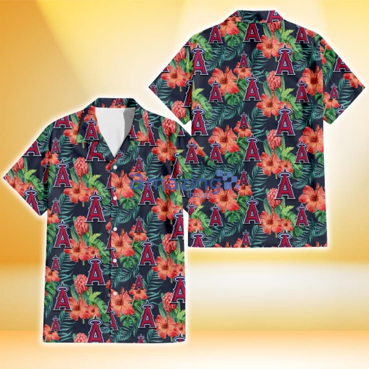 Los Angeles Angels Orange Hibiscus Green Tropical Leaf Dark Background 3D Hawaiian Shirt Product Photo 1