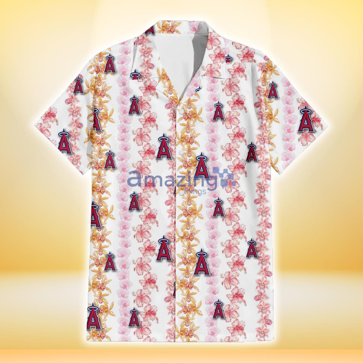 Los Angeles Angels Pink Hibiscus Yellow Pink Orchid White Background 3D Hawaiian Shirt image Los Angeles Angels Pink Hibiscus Yellow Pink Orchid White Background 3D Hawaiian Shirt Product Photo 2