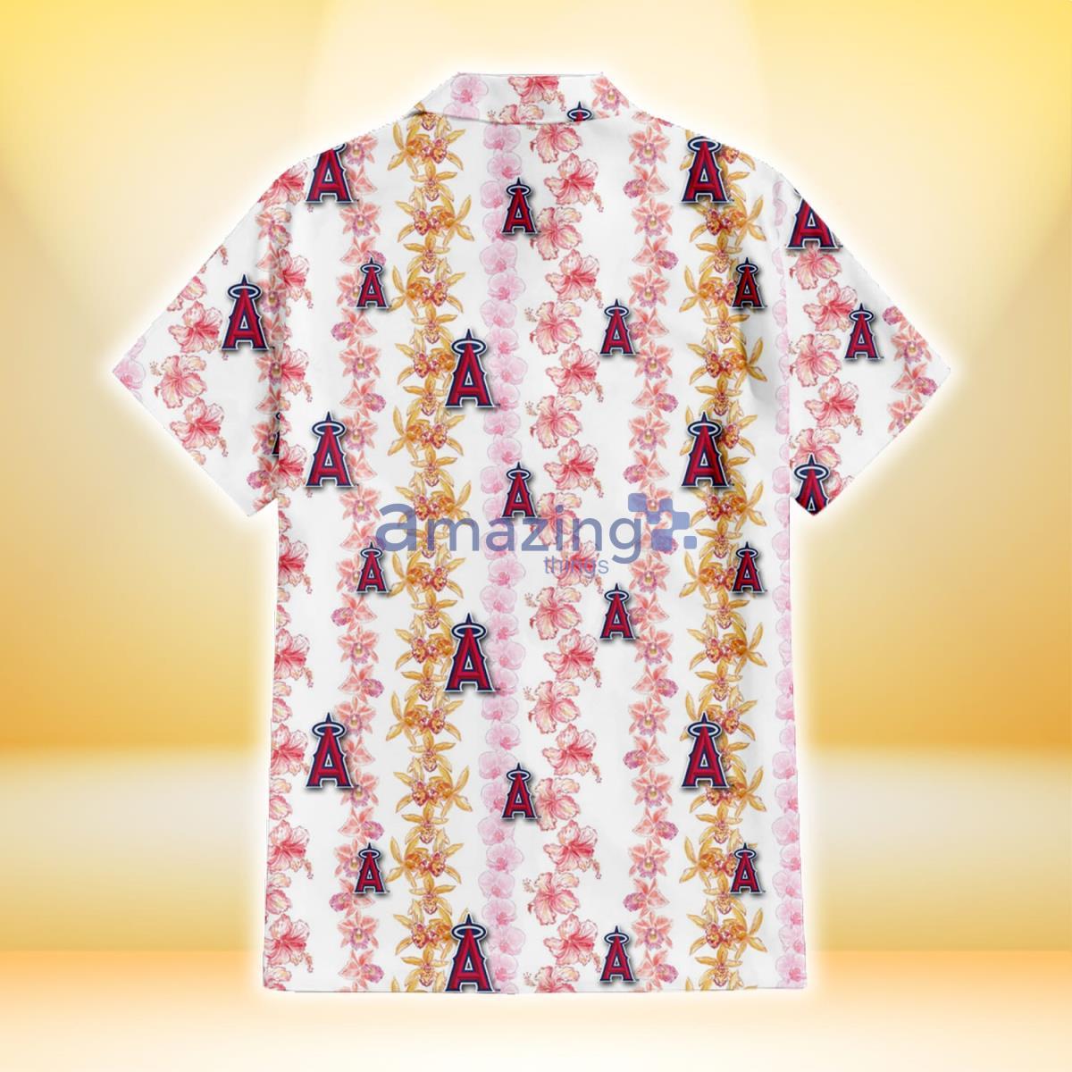 Los Angeles Angels Pink Hibiscus Yellow Pink Orchid White Background 3D Hawaiian Shirt image Los Angeles Angels Pink Hibiscus Yellow Pink Orchid White Background 3D Hawaiian Shirt Product Photo 3