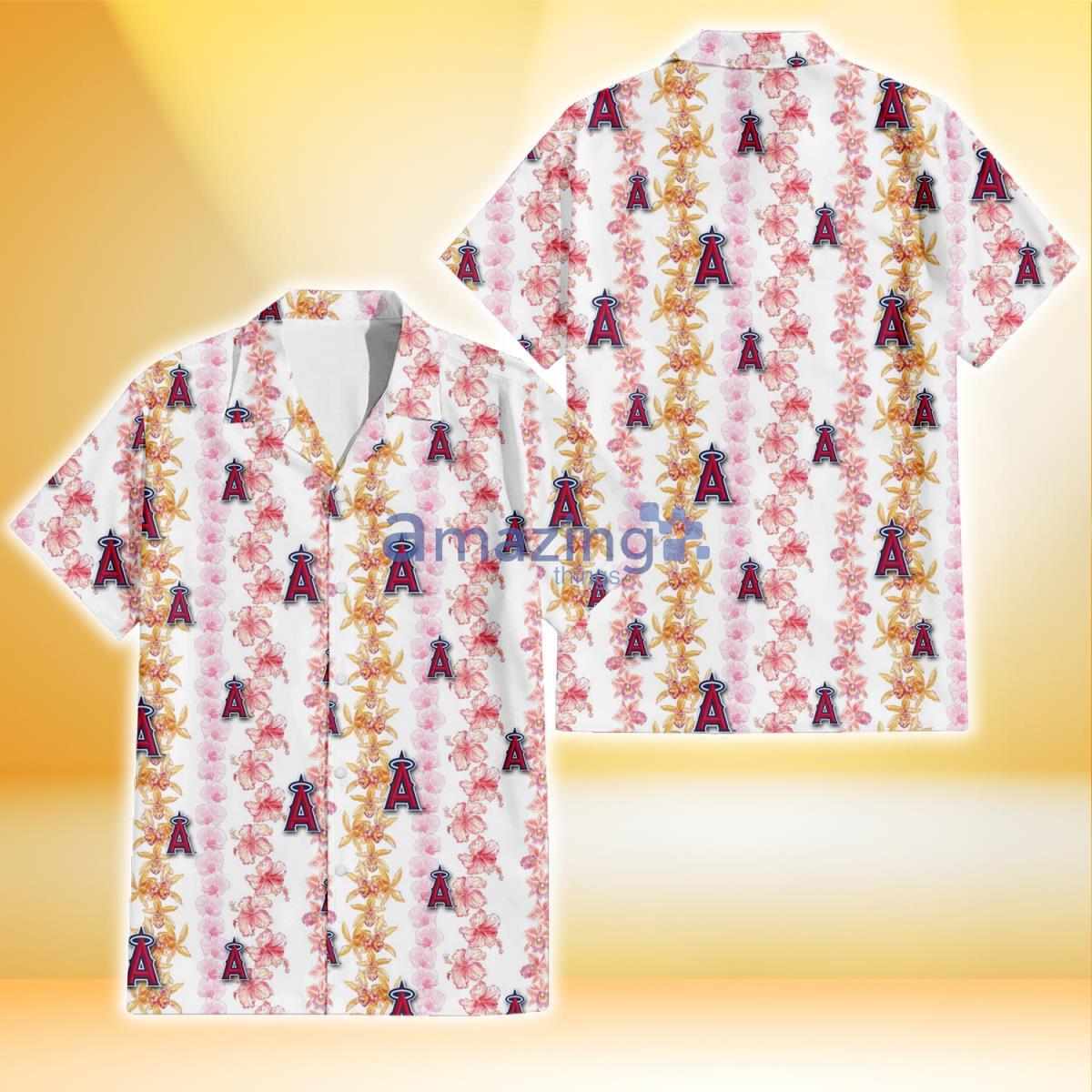 Los Angeles Angels Pink Hibiscus Yellow Pink Orchid White Background 3D Hawaiian Shirt Product Photo 1