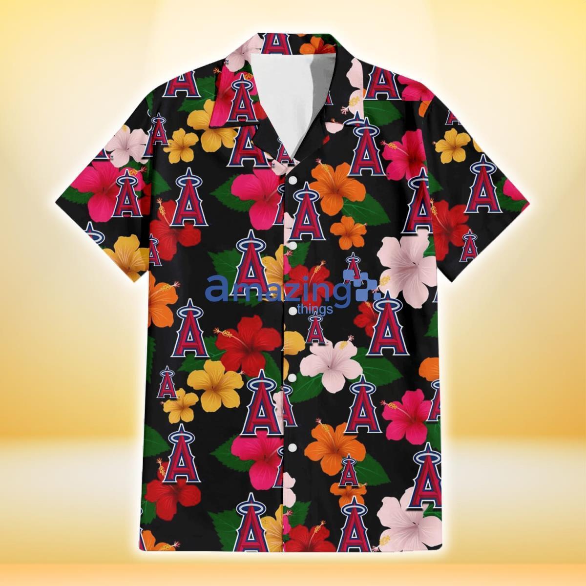 Los Angeles Angels Pink Orange Yellow White Hibiscus Black Background 3D Hawaiian Shirt image Los Angeles Angels Pink Orange Yellow White Hibiscus Black Background 3D Hawaiian Shirt Product Photo 2