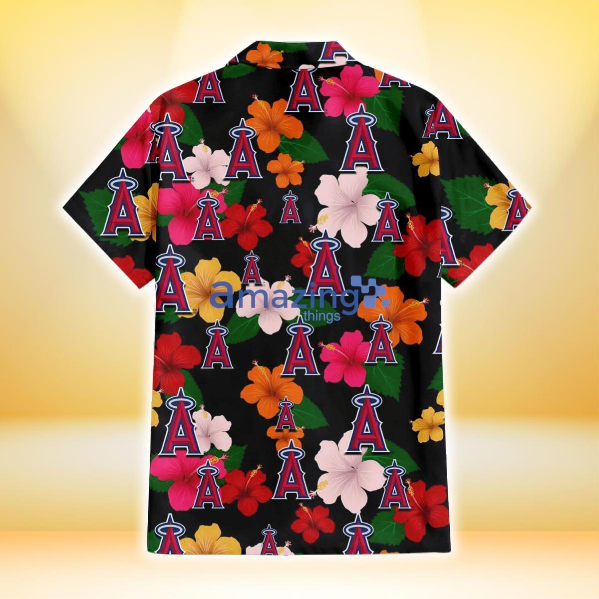 Los Angeles Angels Pink Orange Yellow White Hibiscus Black Background 3D Hawaiian Shirt image Los Angeles Angels Pink Orange Yellow White Hibiscus Black Background 3D Hawaiian Shirt Product Photo 3