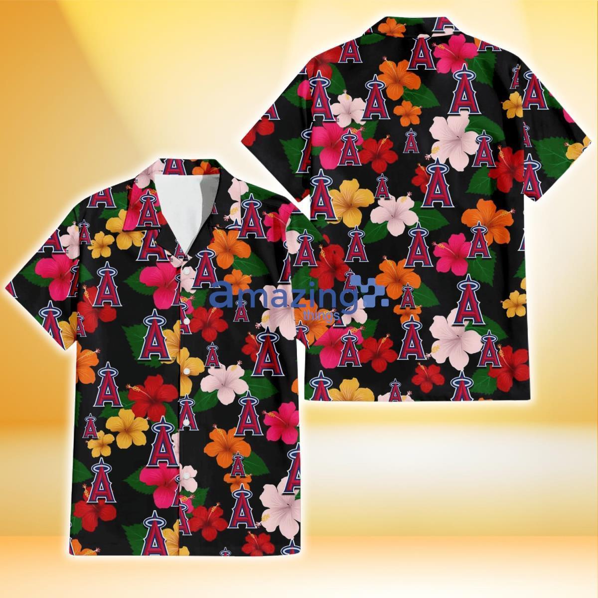 Los Angeles Angels Pink Orange Yellow White Hibiscus Black Background 3D Hawaiian Shirt Product Photo 1