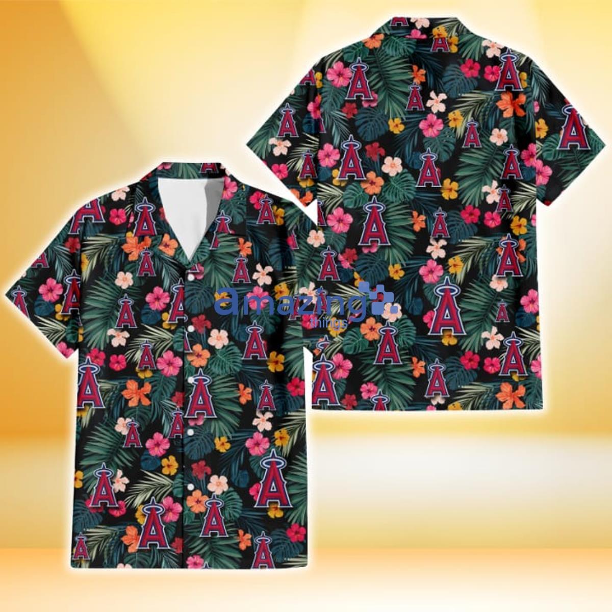 Los Angeles Angels Pink Yellow Orange Hibiscus Big Tropical Leaf Black Background 3D Hawaiian Shirt Product Photo 1