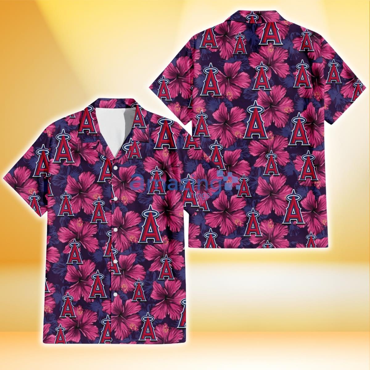 Los Angeles Angels Plum Vilolet Hibiscus Dark Navy Leaf Black 3D Hawaiian Shirt Product Photo 1