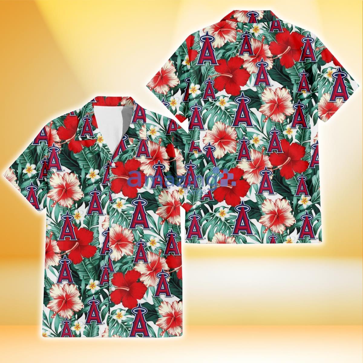 Los Angeles Angels Red Coral Hibiscus White Porcelain Flower Banana Leaf 3D Hawaiian Shirt Product Photo 1