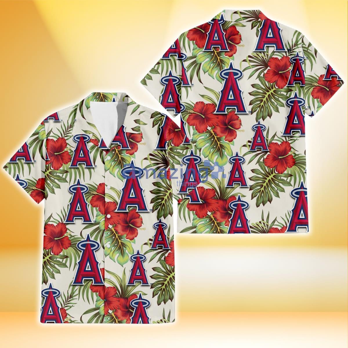 Los Angeles Angels Red Hibiscus Green Tropical Leaf Cream Background 3D Hawaiian Shirt Product Photo 1