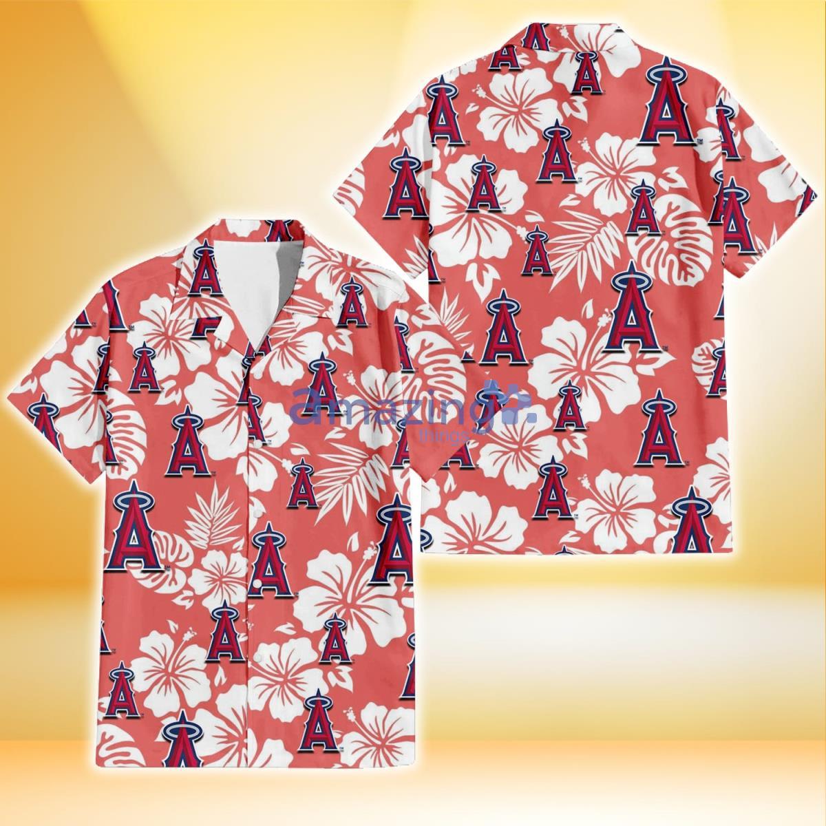 Los Angeles Angels White Hibiscus Salmon Background 3D Hawaiian Shirt Product Photo 1
