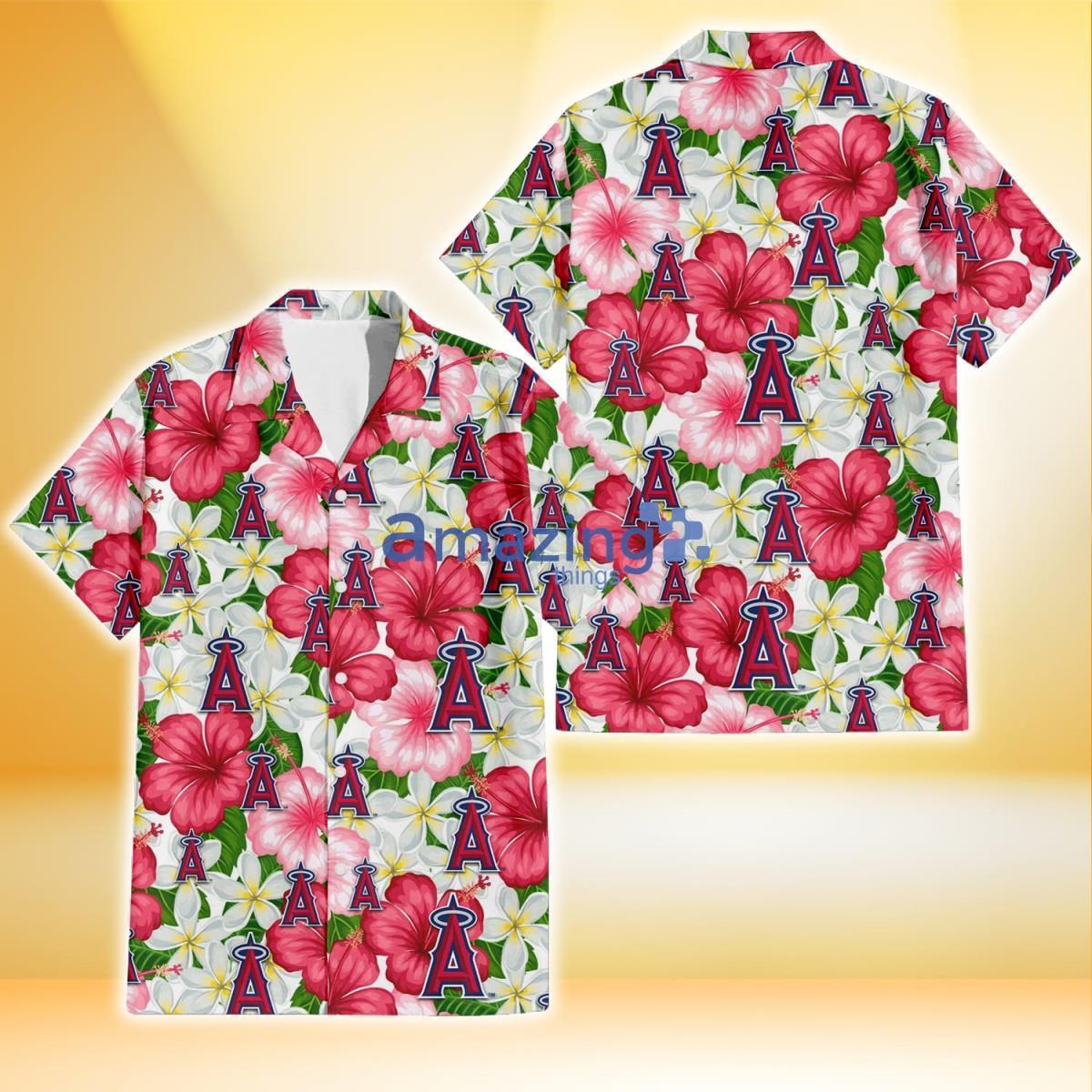 Los Angeles Angels White Porcelain Flower Pink Hibiscus White Background 3D Hawaiian Shirt Product Photo 1
