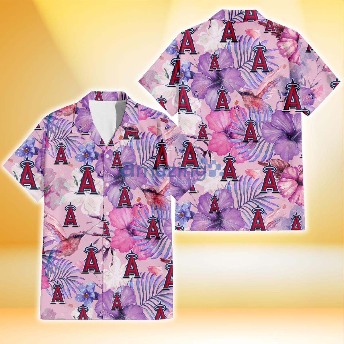 Los Angeles Angels White Purple Hibiscus Pink Hummingbird Pink Background 3D Hawaiian Shirt Product Photo 1