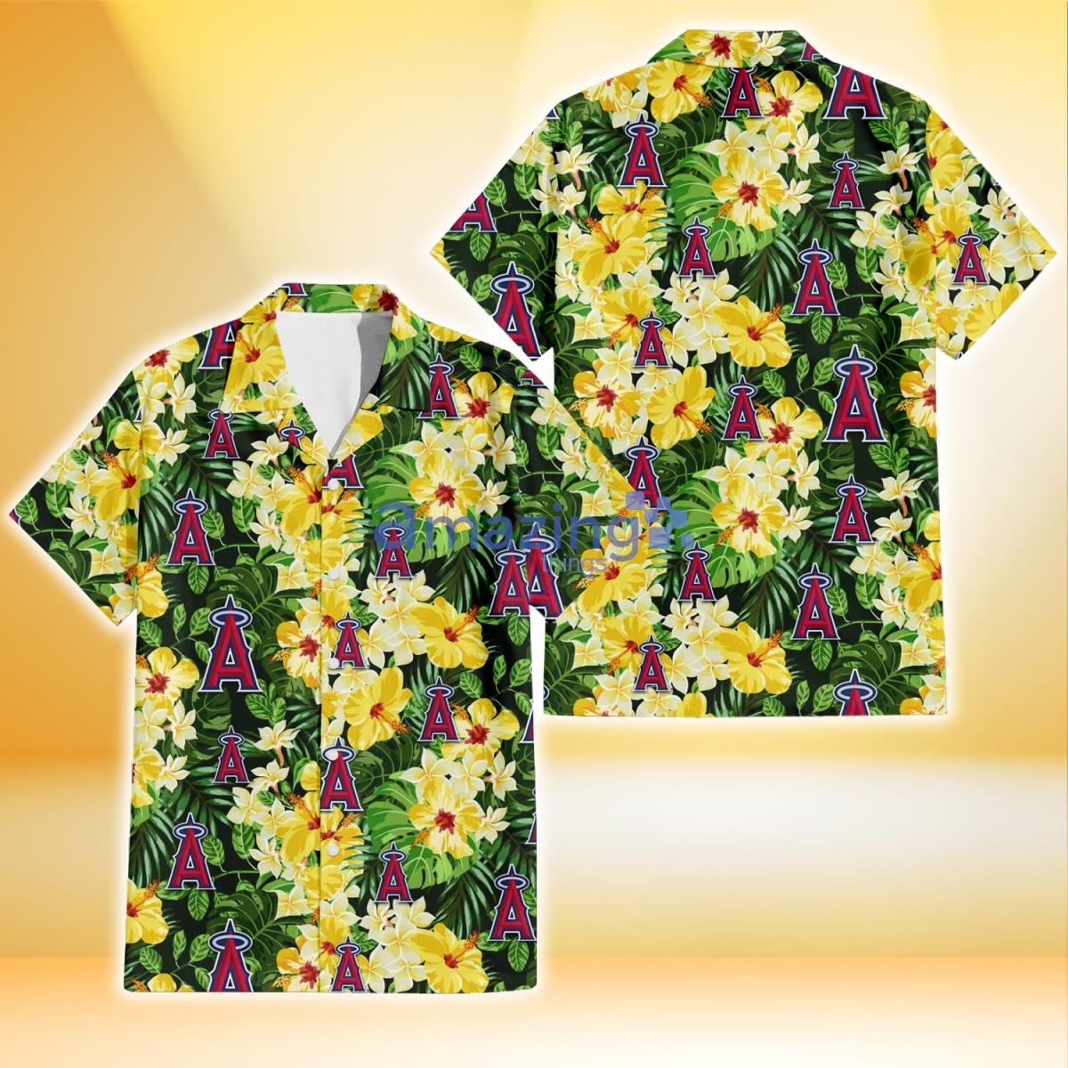 Los Angeles Angels Yellow Hibiscus Tropical Green Leaf Black Background 3D Hawaiian Shirt Product Photo 1