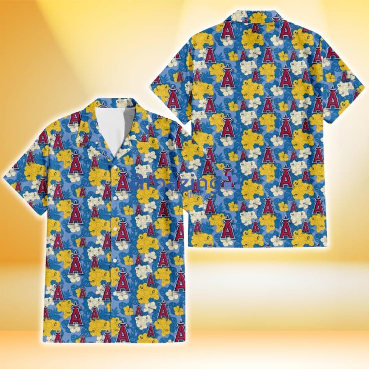Los Angeles Angels Yellow White Hibiscus Powder Blue Background 3D Hawaiian Shirt Product Photo 1