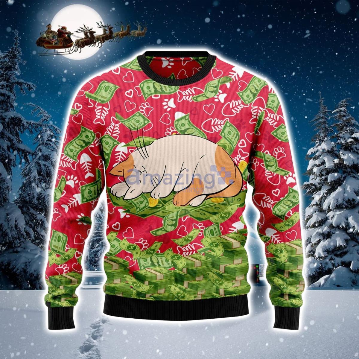 Lovely Cat Sleeping On Dollars Ugly Christmas Sweater Product Photo 1
