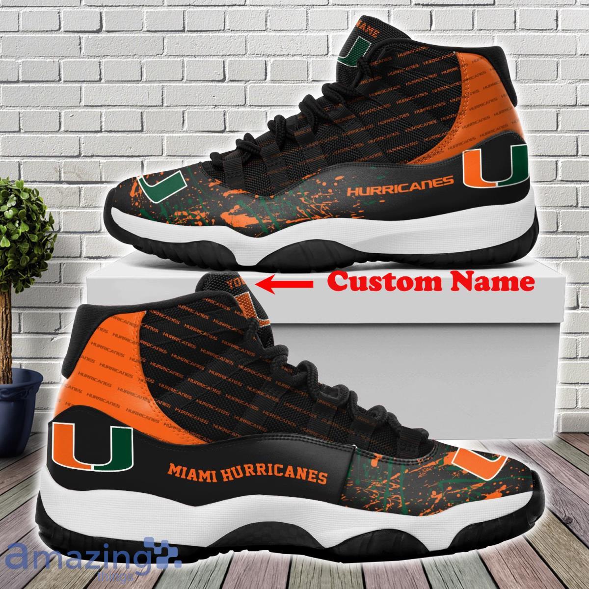 Miami Hurricanes Football Team Air Jordan 11 Custom Name Sneakers For Fans Product Photo 1