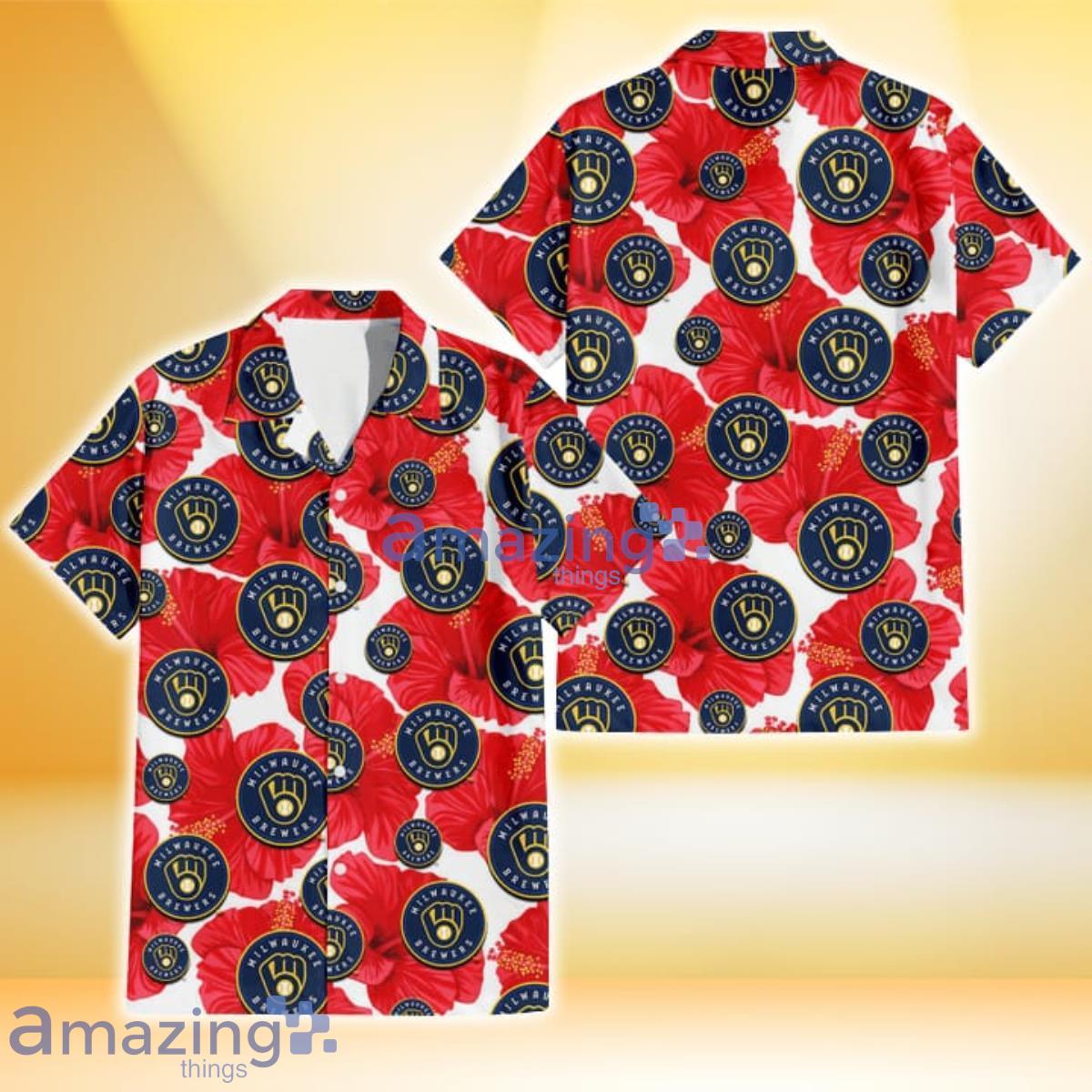 Milwaukee Brewers Big Red Hibiscus White Background 3D Hawaiian Shirt Gift For Fans Product Photo 1
